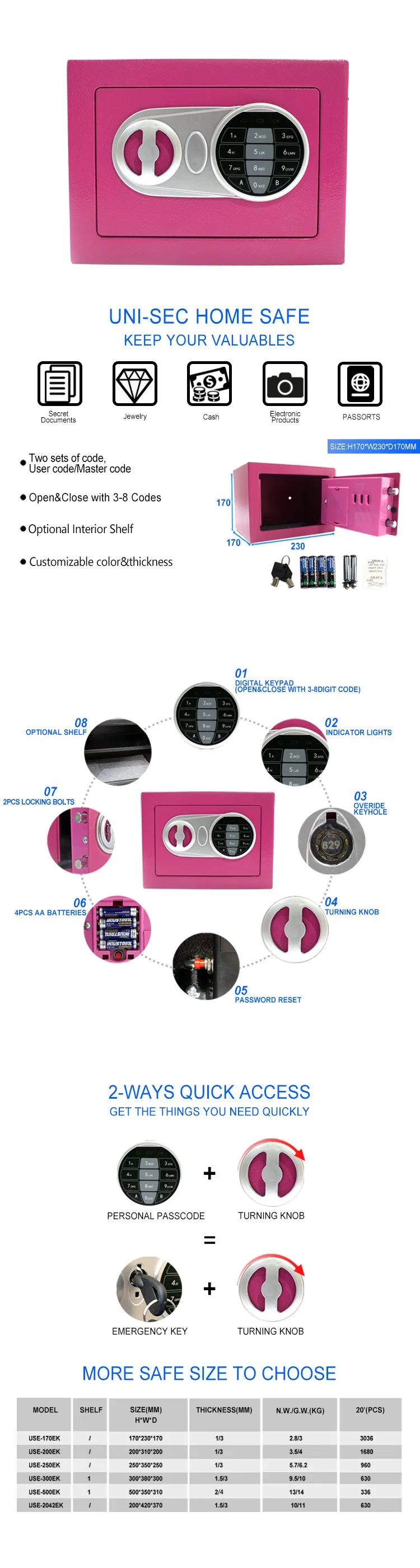 Newest Technology Security Electronic Digital Home Safe Box with CE Certificate High Performance Hot New Products China Best (USE-170EK)